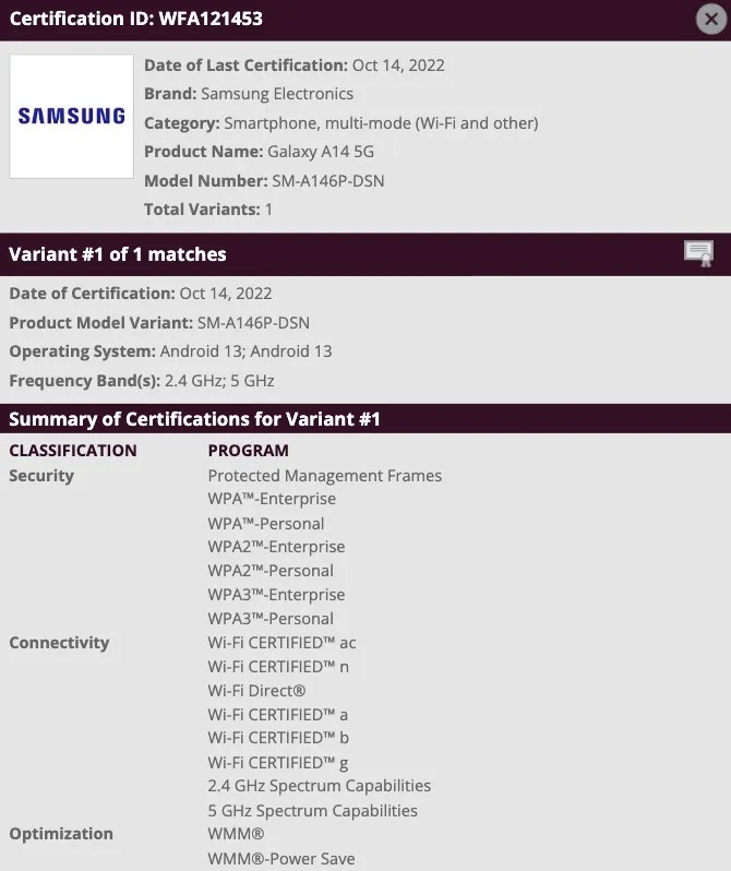 samsung galaxy a14 5g could launch soon, as it is spotted on wifi-alliance