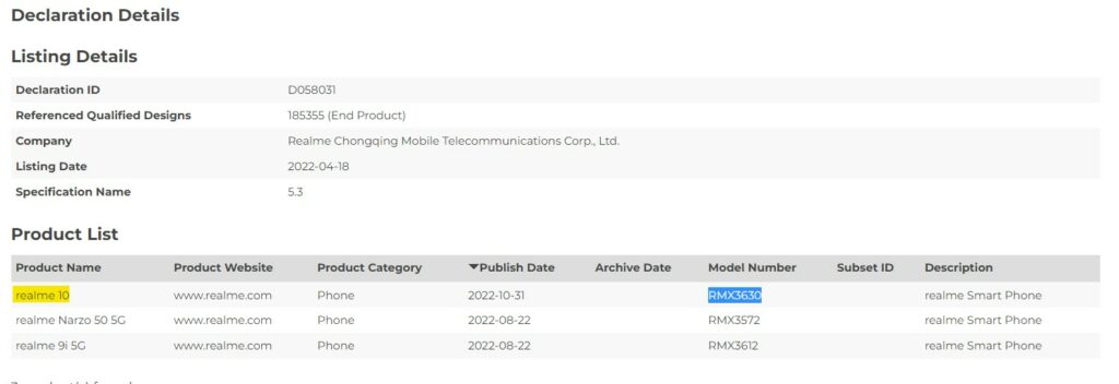 realme 10 with model number rmx3630 arrives on bluetooth sig