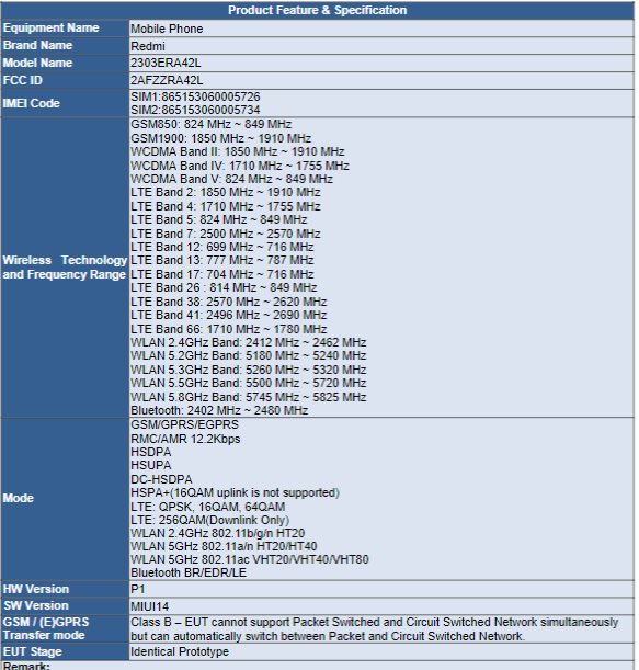 redmi 2303era42l appears at fcc certification (product specifications) - the go android