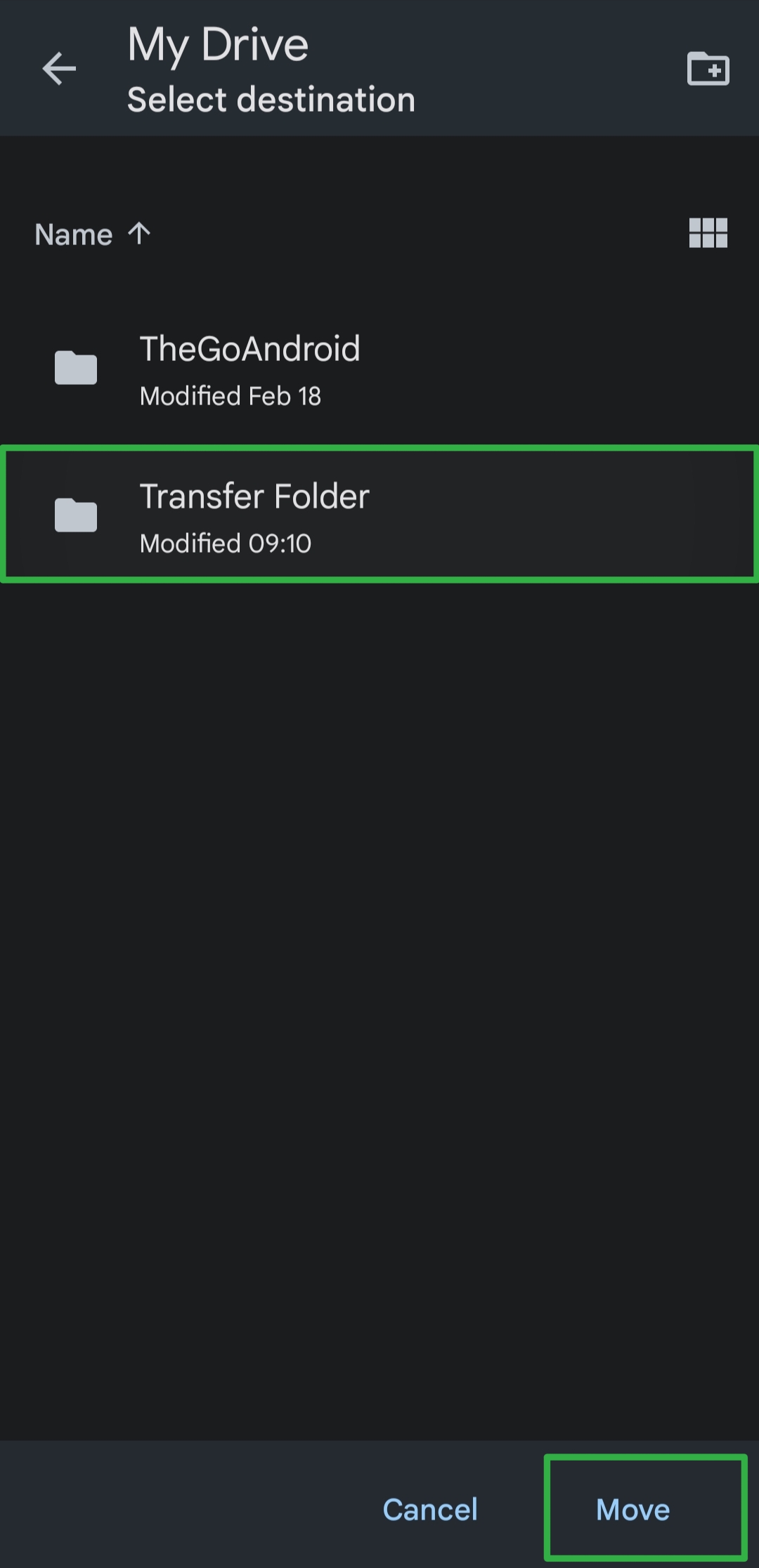 drive transfer folder - the go android