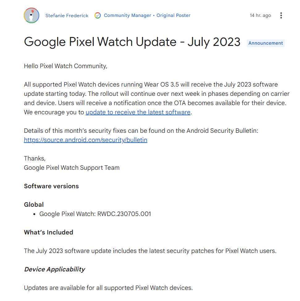 Google rolls out July 2023 OTA Update for Pixel Watch